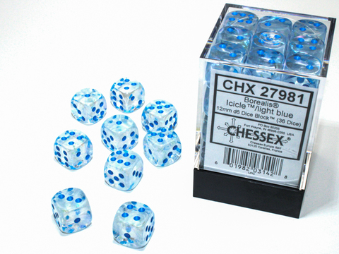 CHX27981- Borealis Icicle/light blue Luminary 12mm d6 Dice Block (36 dice)