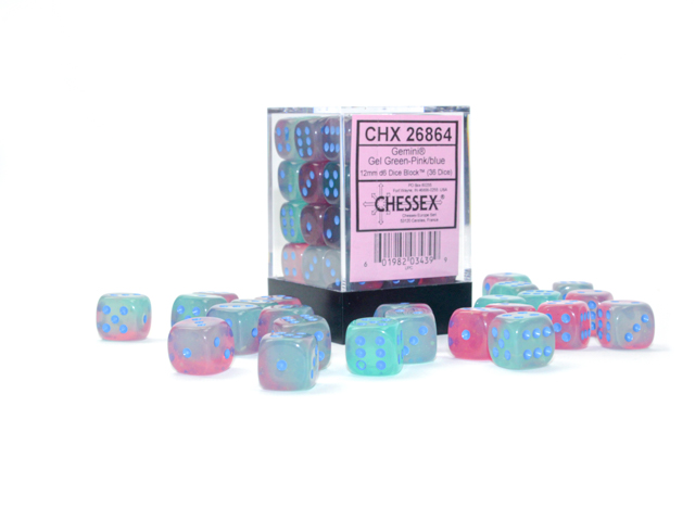 CHX26864 - Gemini Gel Green-Pink/blue Luminary 12mm d6 Dice Block (36 dice)